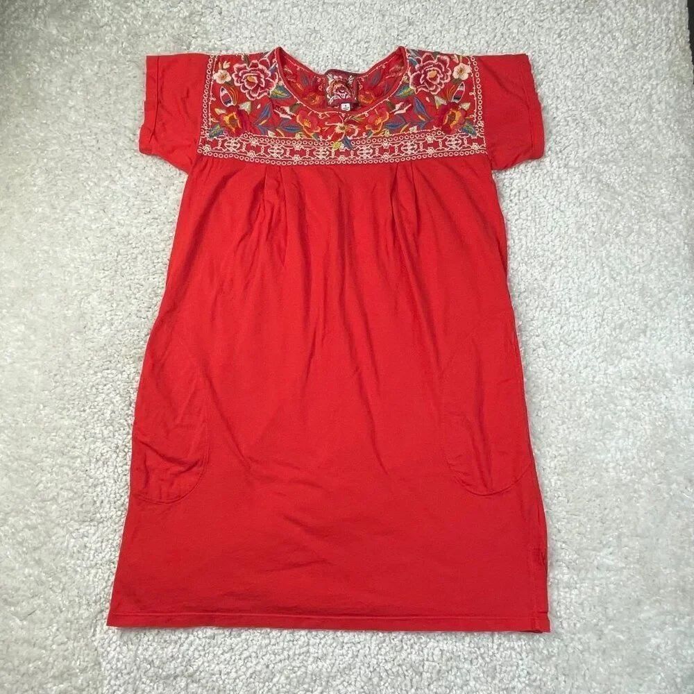 Johnny Was Embroidered Dress Red Pockets Small FLAW